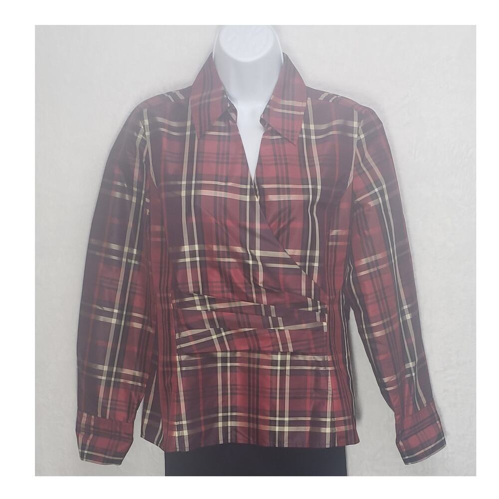 Vintage Talbots Silk Tartan Wrap Blouse 8 Burgundy Plaid Dark Academia Y2K Top